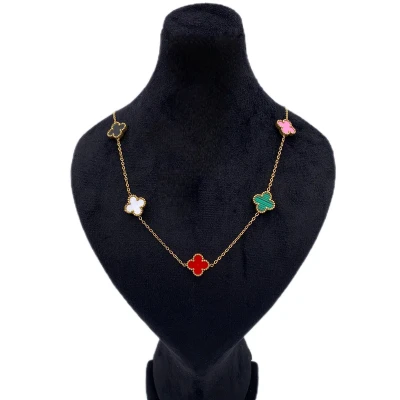Collier Multicolore Style Alhambra 6 Motifs Métal Doré