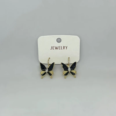 Boucles d'oreilles pendantes papillon noires et dorées avec strass