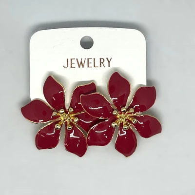 Boucles d'oreilles clous fleurs bordeaux et dorées
