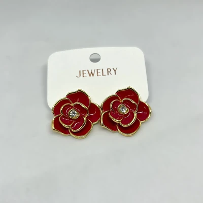 Boucles d'oreilles clous grandes fleurs rouges et dorées